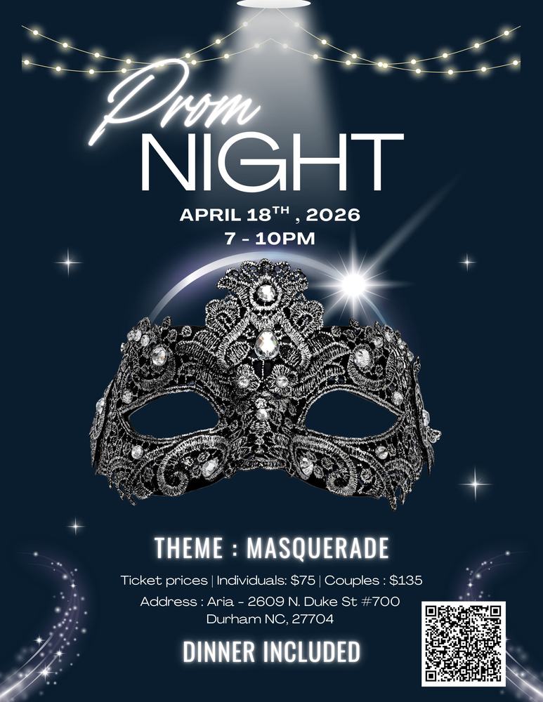Prom Night infographic with a sparkly masquerade  mask announcing the April 18th date and the time from 7pm until 10pmk