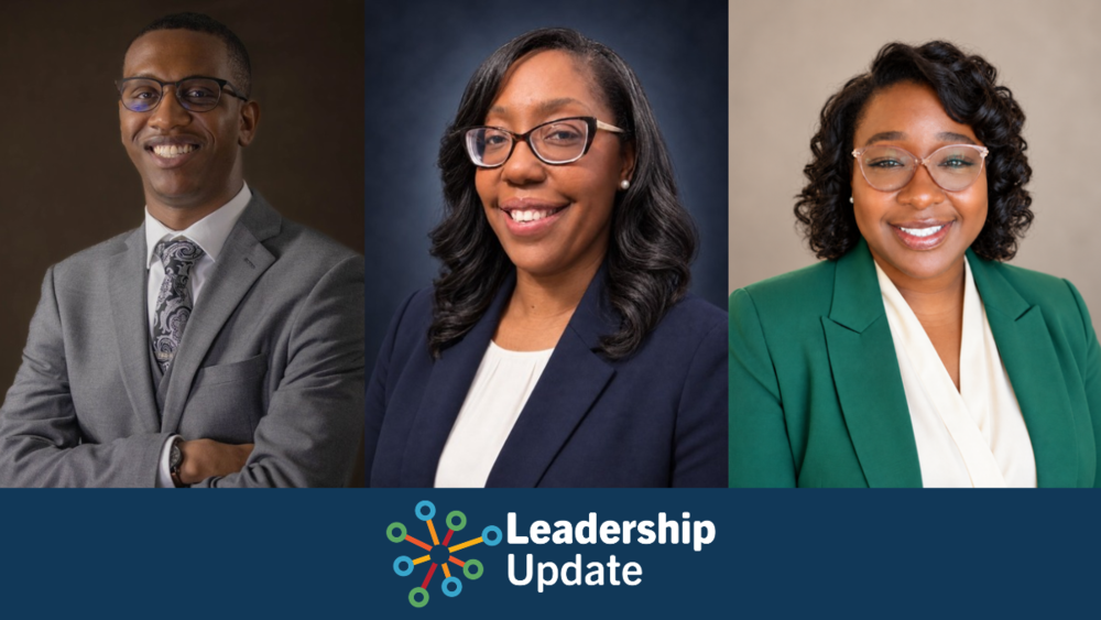 Three smiling professionals—a man and two women—in business attire appear in a row above a blue “Leadership Update” banner, conveying a polished, upbeat tone.