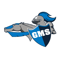 Githens logo, gray raider on gray horse with blue shield with letters GMS written in white across