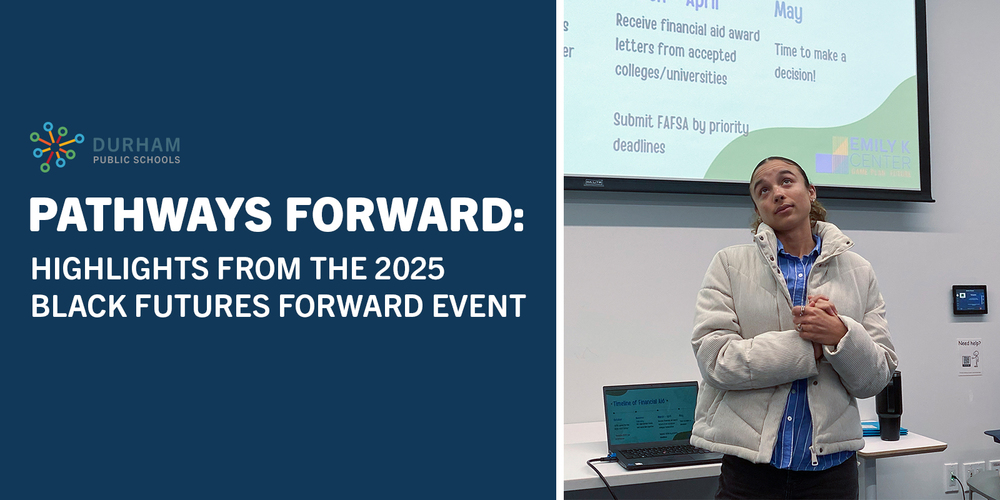 "Event slide displays 'Pathways Forward: Highlights from the 2025 Black Futures Forward Event' with a person speaking, standing before a screen."