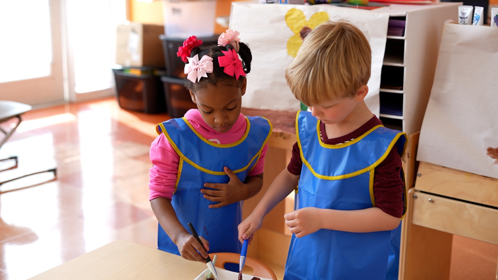 children painting in smocks