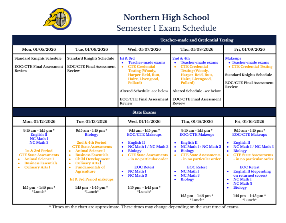 Semester 1 Exam Schedule