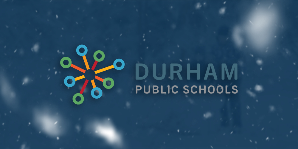 Logo for Durham Public Schools on a snowy background, featuring multicolored interconnected circles forming a star-like pattern, conveying unity and education.