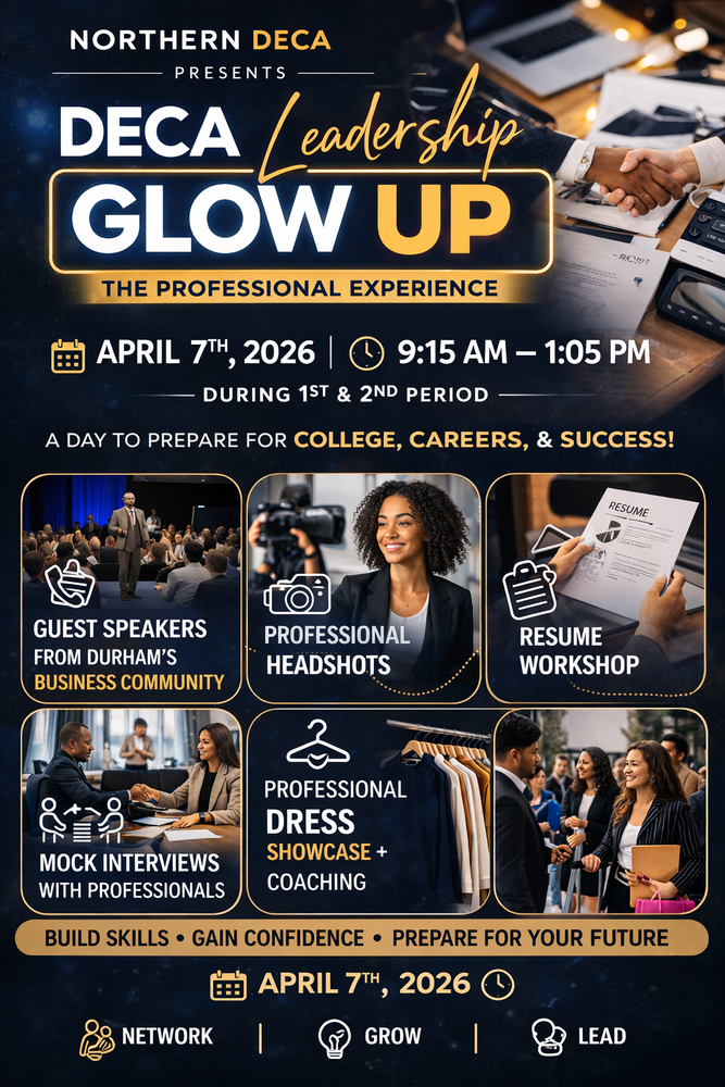 Infographic describing DECA's upcoming "Glow Up" on April 7 in the Media Center in which Guest speakers, headshots, resume workshops, mock interviews and professional dress workshops will take place