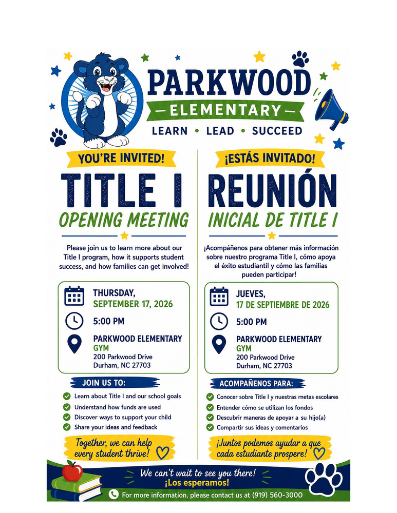 Colorful Parkwood Elementary bilingual flyer warmly invites families to a Title I meeting on Sept. 17, 2026, with mascot and paw prints.