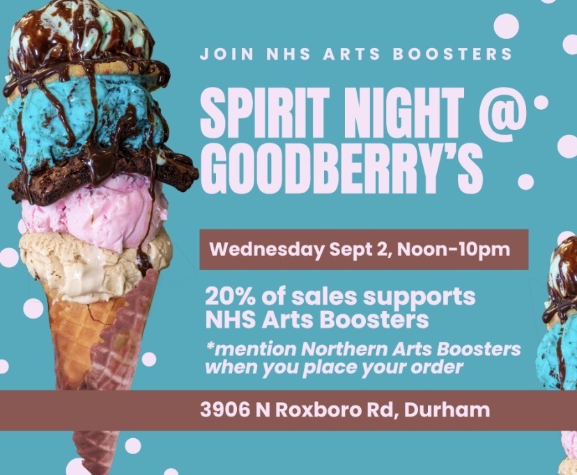 Pictured is a large ice cream cone next to text advertising the NHS Arts Boosters' fundraiser at Goodberry's on September 2nd from noon until 10 pm.