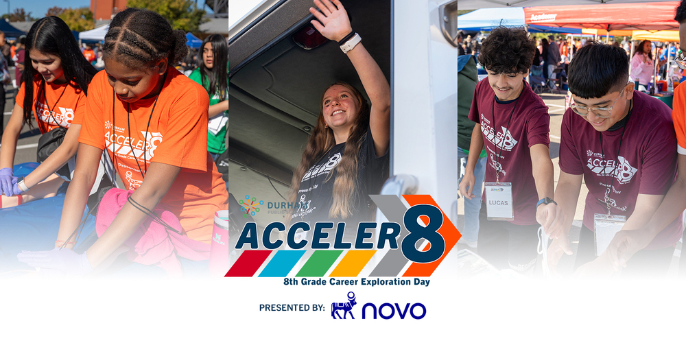 Collage of diverse students exploring hands-on careers at an outdoor event, with an “Acceler8” 8th Grade Career Exploration Day logo.