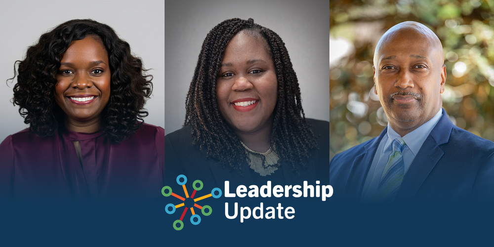 Three people in professional attire are pictured side by side. Below them, the text "Leadership Update" appears with a multicolored graphic.