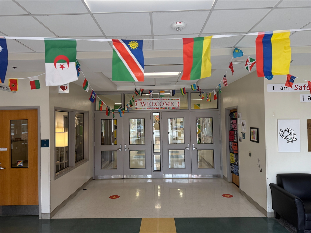 Welcome text, I am safe. Flags from all over the world hanging up at the main door of Creekside building.