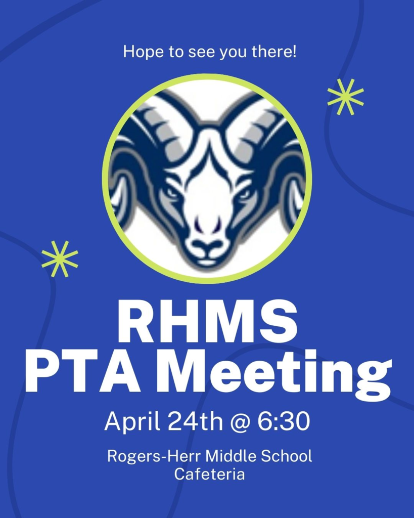 Image of RHMS Rams Head Reminding Families of PTA Meeting on April 24th at 6:30