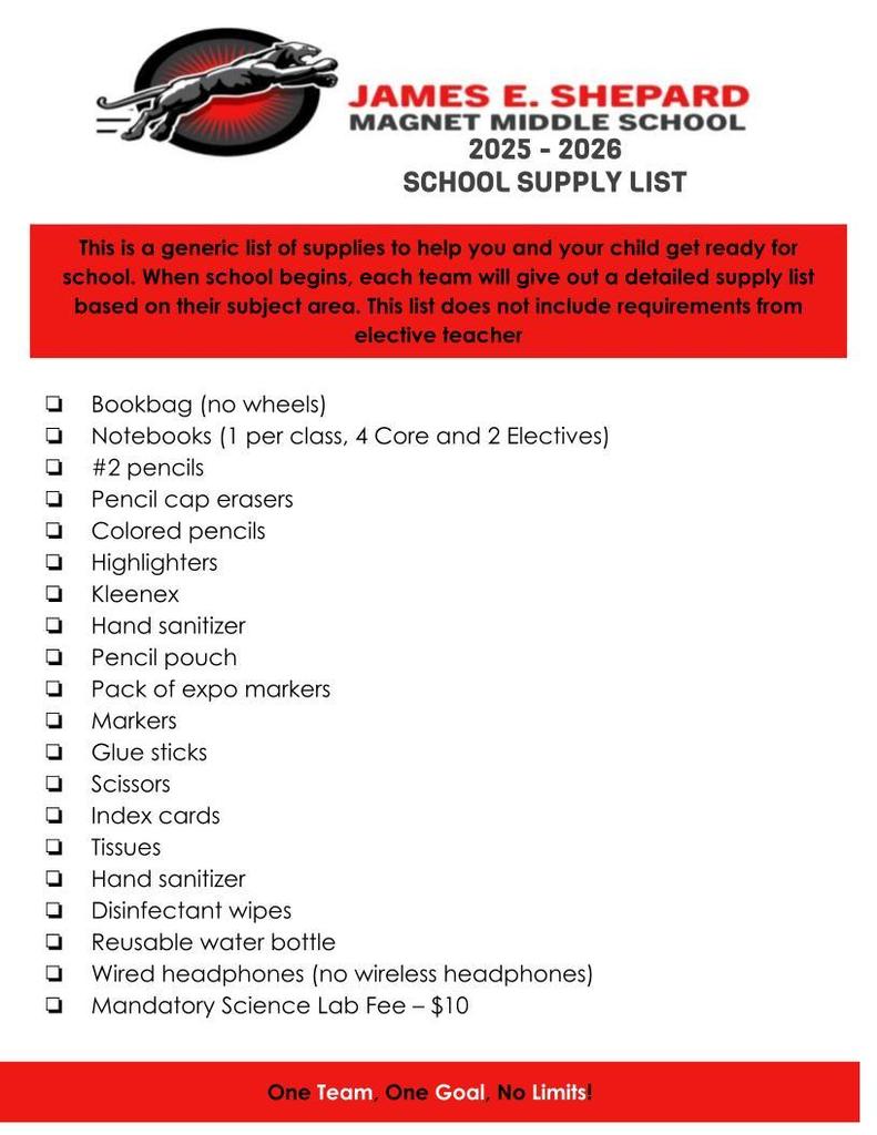 Shepard 2025-2026 School Supply List/Lista de útiles escolares de Shepard 2025-2026