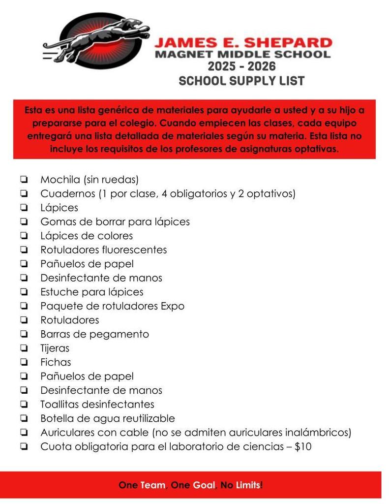 Shepard 2025-2026 School Supply List/Lista de útiles escolares de Shepard 2025-2026