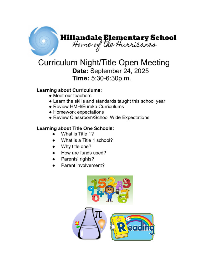 Curriculum Night / Title 1 Open Meeting - September 24 , 2025 5:30 - 6:30 PM