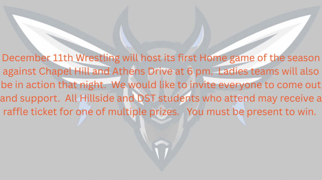 hornet on a gray background with orange text about wrestling match december 11th
