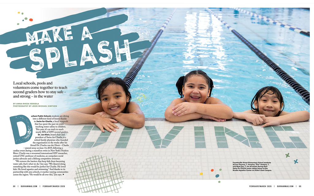 Three smiling children in a swimming pool lean on the edge with the word "DIVING" tiled beneath them. The headline reads "Make a Splash" in bold text.
