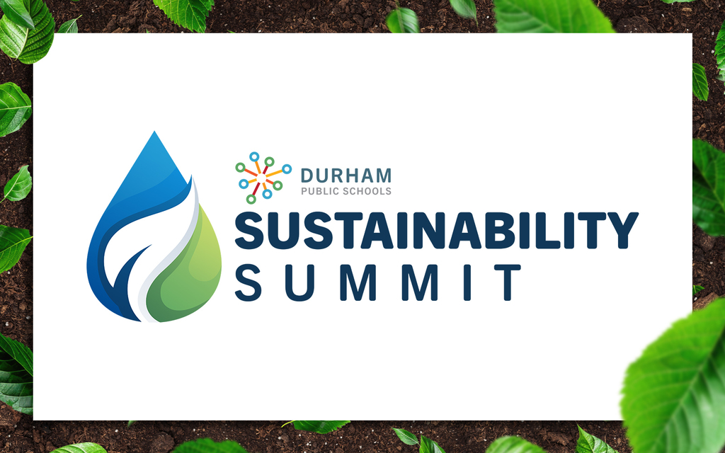 "Logo for Durham Public Schools Sustainability Summit with a stylized blue and green water droplet, set against a soil and green leaves background."