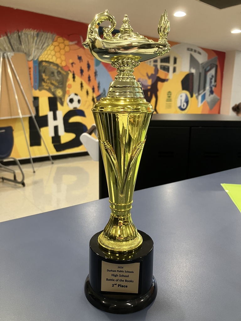Gold trophy with a plaque reading 2026 Durham Public Schools High School Battle of the Books 2nd Place