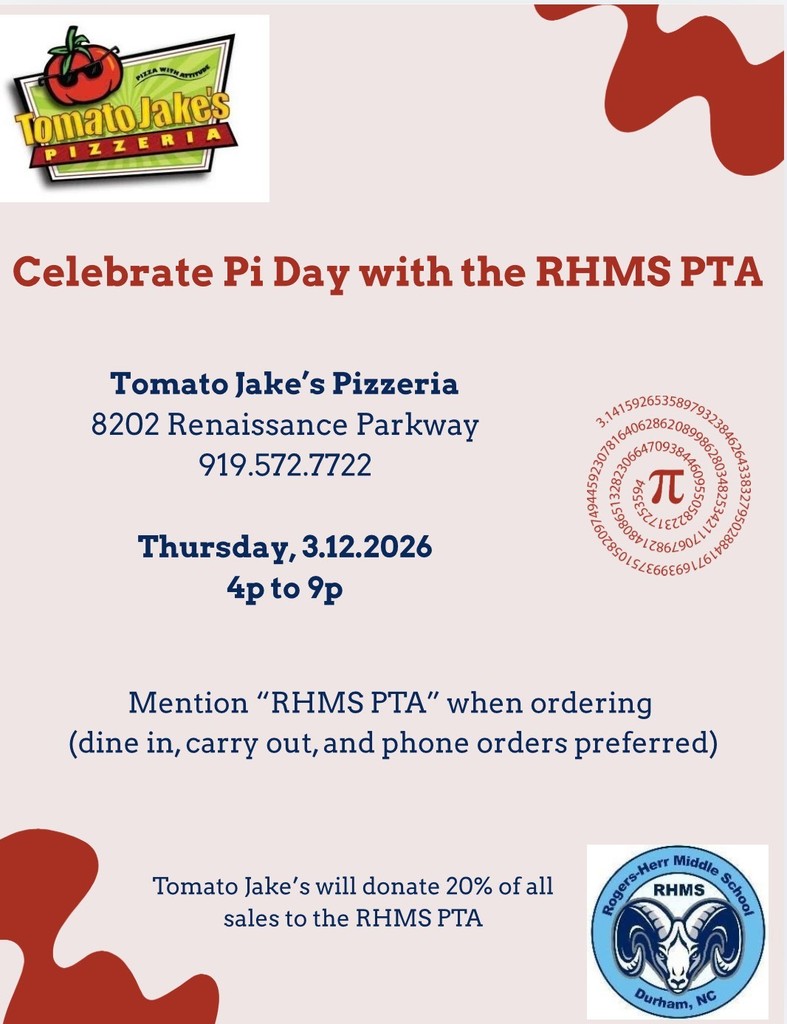 Celebrate Pi Day with the RHMS PTA.  Thursday,  3.12.2026 at Tomato Jake's Pizzeria