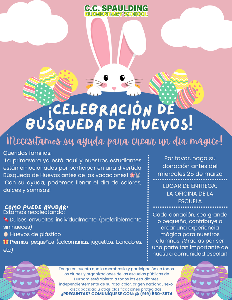 Colorful flyer for a school egg hunt event. Features a cute bunny peeking over a hill, surrounded by decorated eggs. Festive and joyful tone.