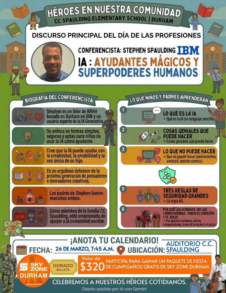 "Flyer for 'Heroes in Our Community' event at CC Spaulding Elementary, Durham. Keynote by Stephen from IBM on AI: Magical Assistants and Human Superpowers. Includes sections on the speaker's bio, what kids and parents will learn about AI, and event details for March 26 at 7:45 AM. Features colorful graphics of books, a teacher, and children observing AI concepts, with a playful and educational tone."