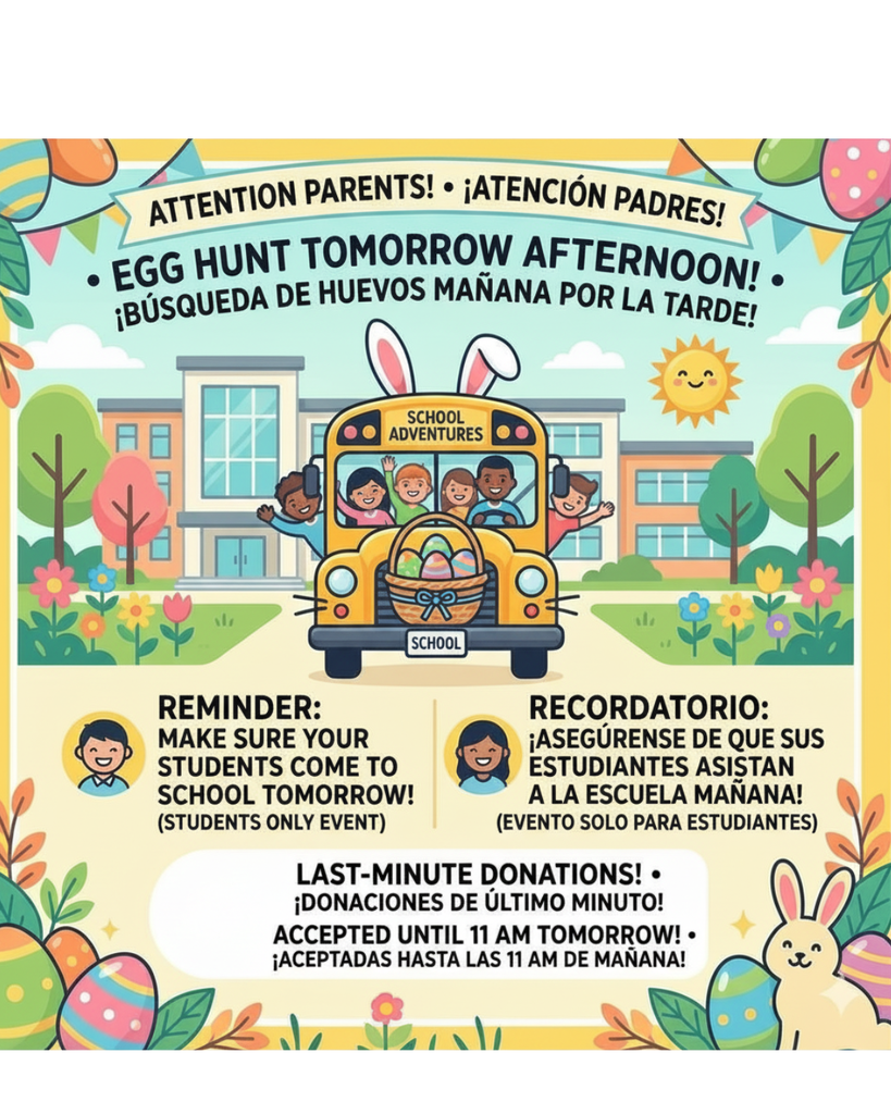 Illustrated school bus with children, bunny ears on top, Easter eggs, and announcement of an egg hunt in English and Spanish. Bright, cheerful tone.