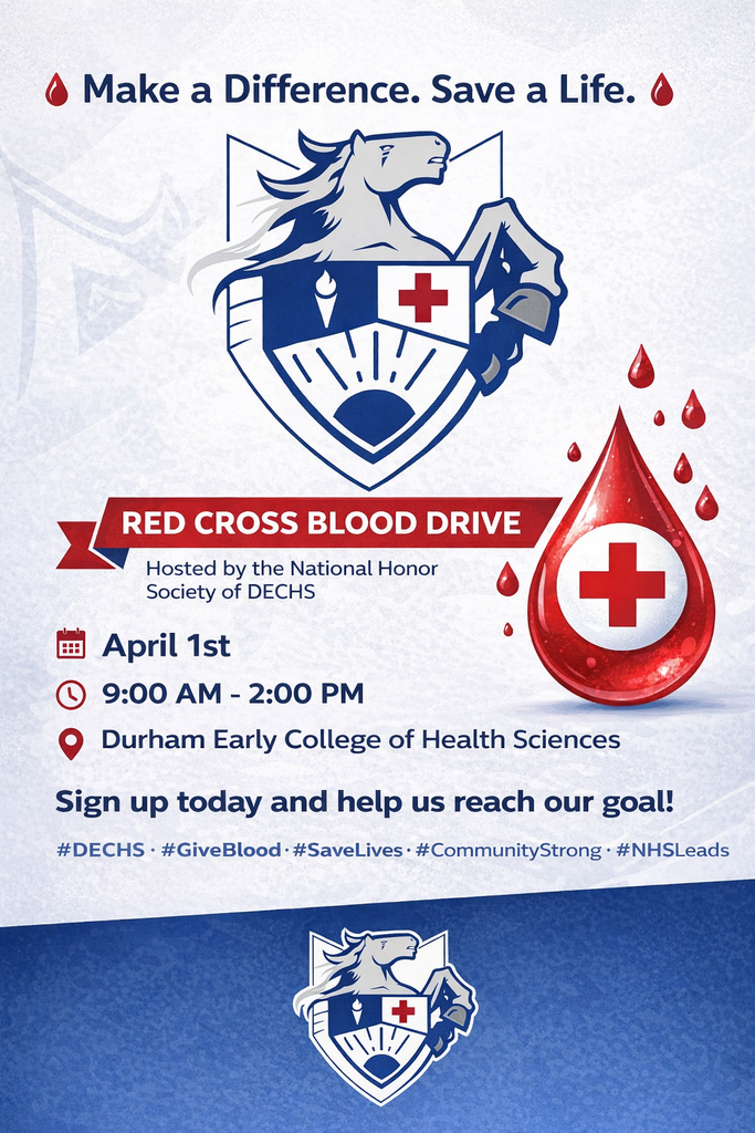 social media post for a Red Cross Blood Drive at Durham Early College of Health Sciences. The event will take place on April 1st from 9 AM to 2 PM. The event is sponsored by the National Honor Society of DECHS