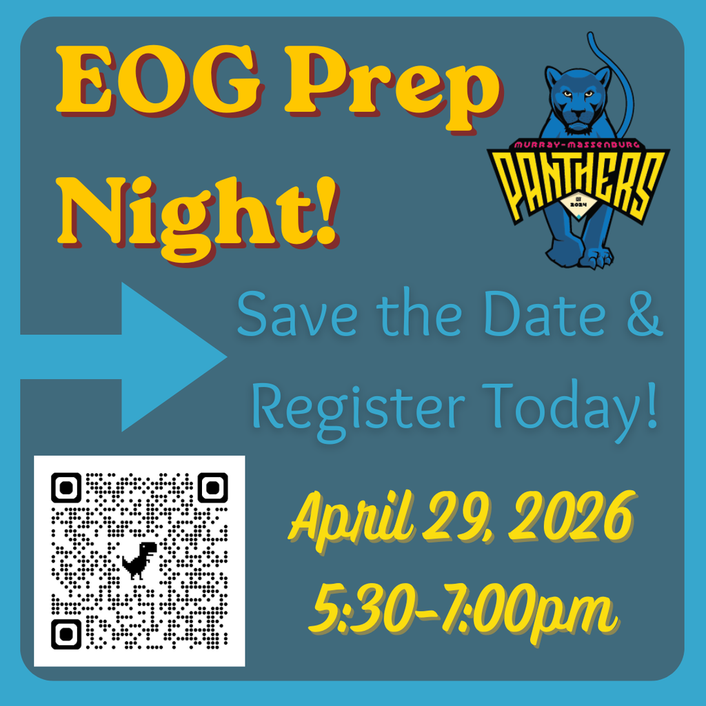 Alt text: "Invitation for 'EOG Prep Night' on April 29, 2026, from 5:30 to 7:00 pm. Features a blue panther logo, QR code, and registration prompt."