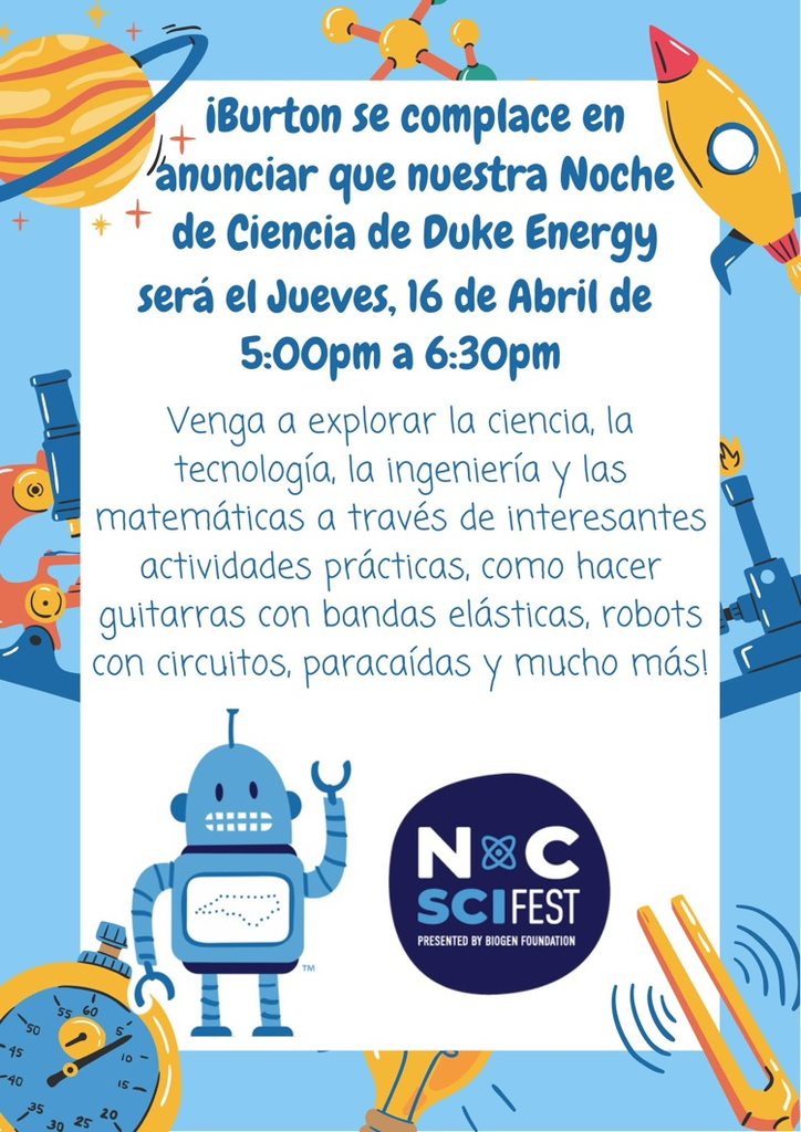 Noche de Ciencia en Burton, el jueves 16 de abril de 5 a 6:30 P.M.
