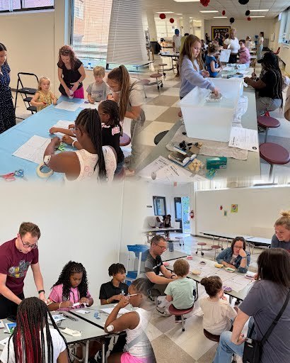 Picture collage of students working on different science projects. Making genetic bracelets, creating robotic circuits, making parachutes with napkins and boats with aluminum foil.