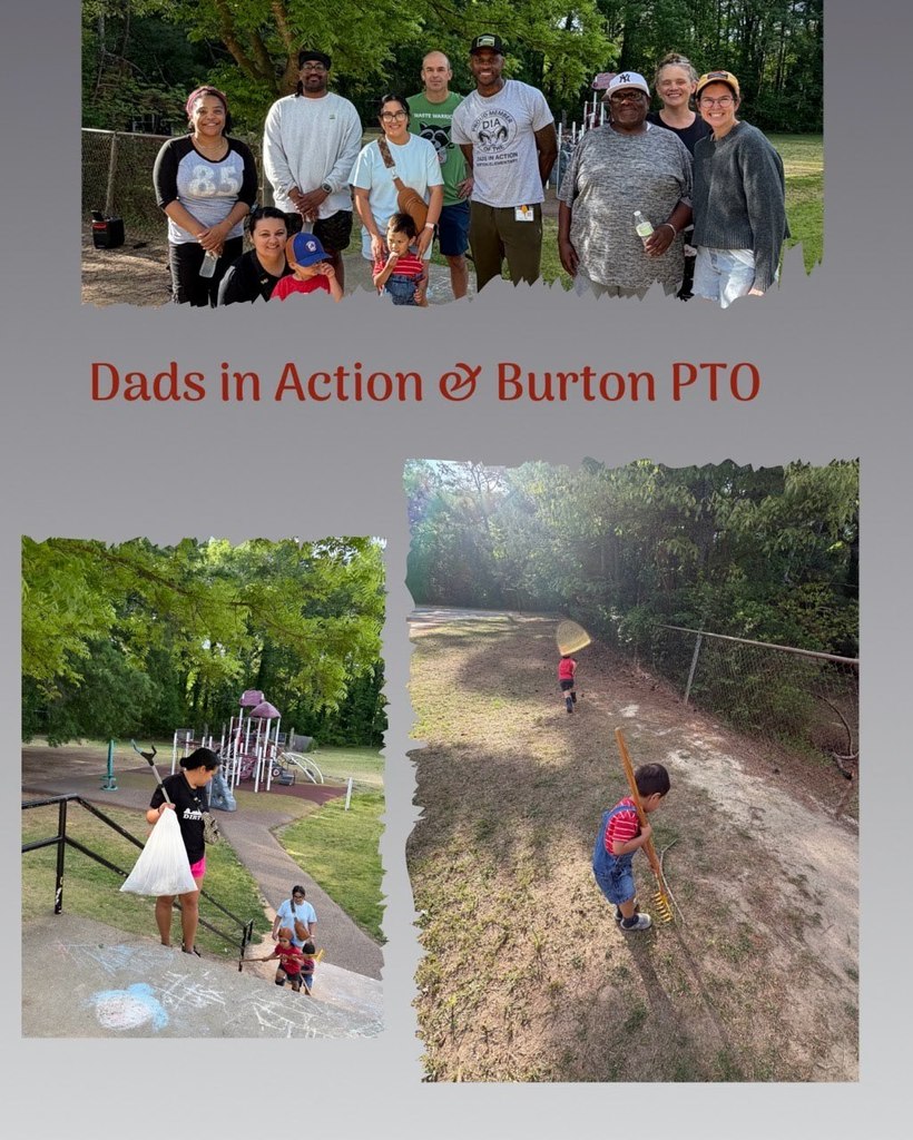 A photo collage of Burton parents helping clean the playground. 