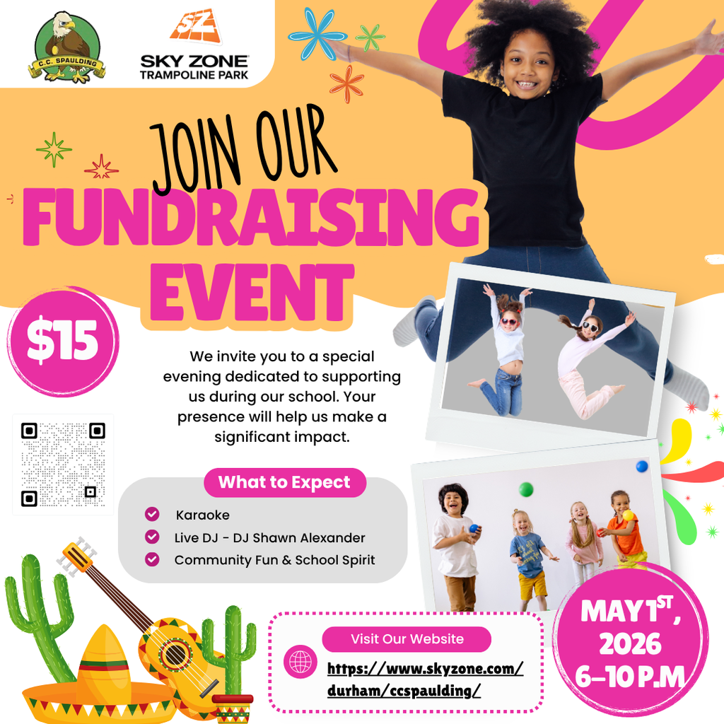 Festive fundraising event poster with bright colors. Features a joyful child jumping, event details, $15 entry, and activities like karaoke and DJ. May 1st, 2026.