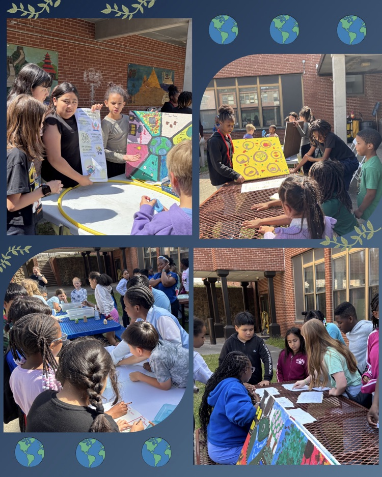 photo collage of students gathered at different tables presenting their science projects to other students 