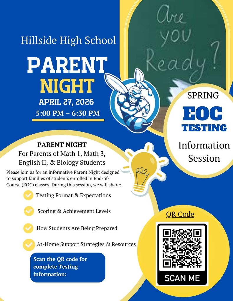 blue and yellow flyer for Hillside parent night on april 27, 20226 from 5 to 6:30 pm with qr code to scan for spring testing information