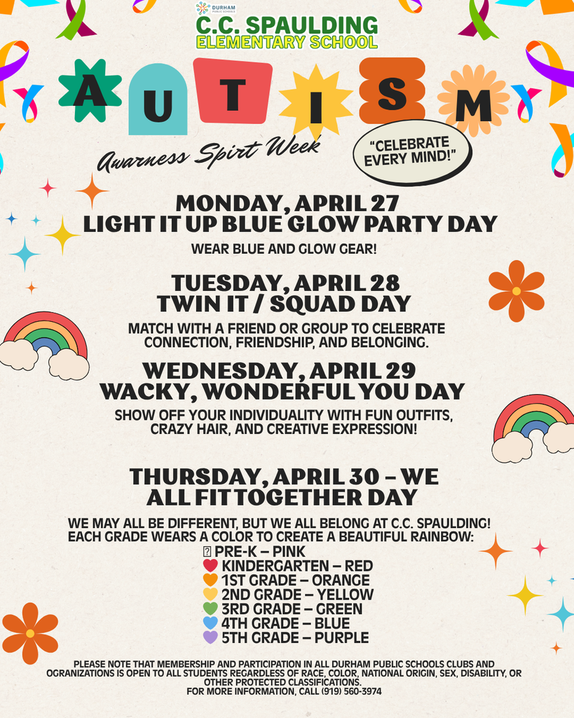 Colorful flyer for Autism Awareness Spirit Week at C.C. Spaulding Elementary. Includes themed activities for April 27-30, promoting diversity and inclusion.