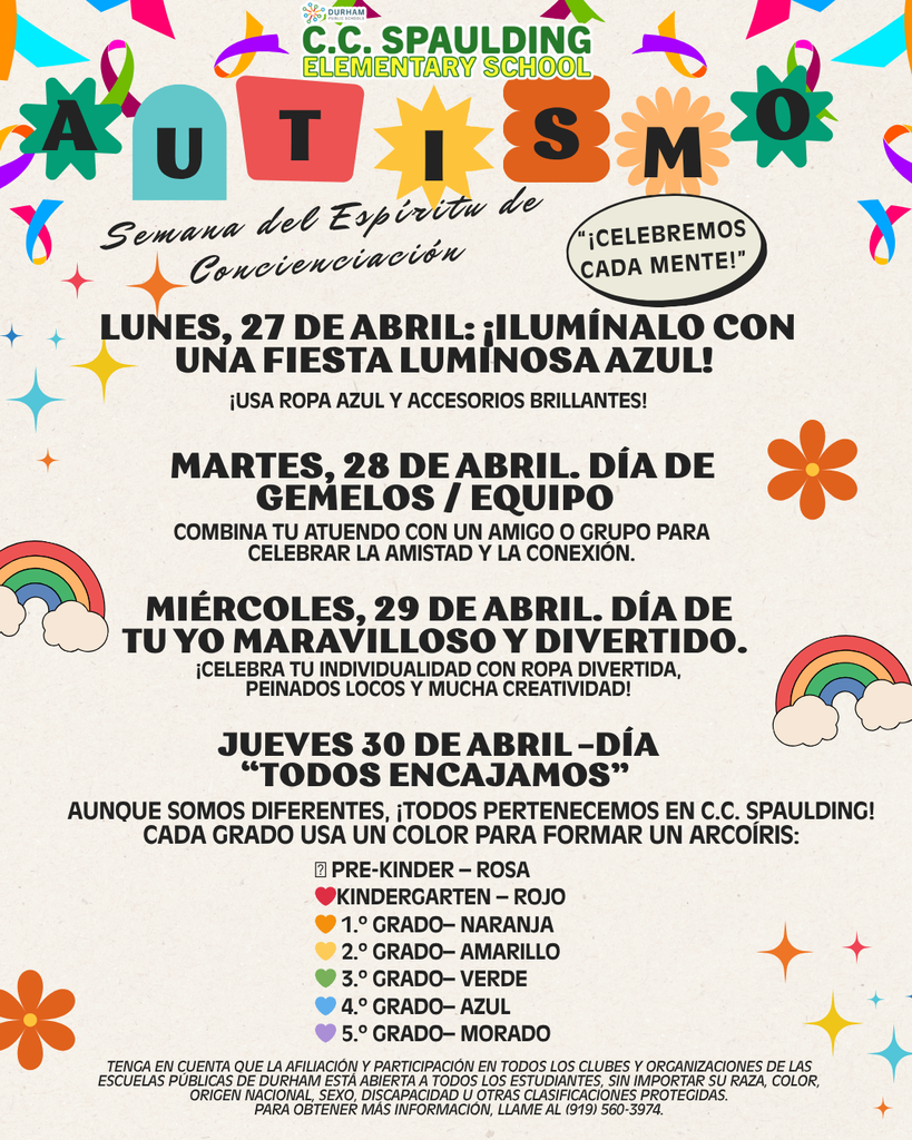Colorful flyer from C.C. Spaulding Elementary for Autism Awareness Week. Lists themed dress-up days from April 27 to 30, with rainbow and puzzle motifs.