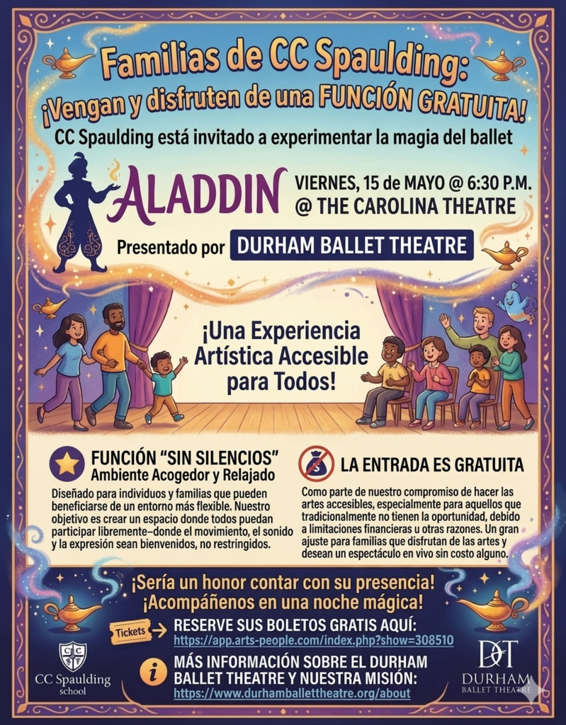 Aladdin ballet invitation for CC Spaulding families, featuring cartoon audience on stage. Includes event details, accessibility info, and free entry.