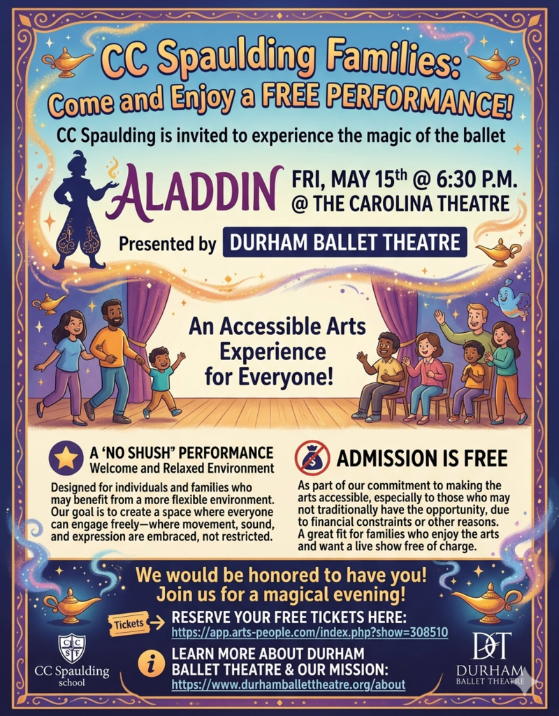 Colorful flyer for a free Aladdin ballet event by Durham Ballet Theatre at The Carolina Theatre, featuring inclusive audience illustrations and event details in Spanish.