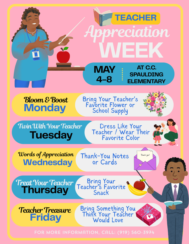 Illustration of Teacher Appreciation Week activities at C.C. Spaulding Elementary, May 4-8. Includes themed daily tasks and colorful, playful graphics.