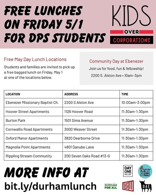 Free lunches for DPS students on Friday, 5/1. Locations listed with times, addresses. Sidebar promotes Community Day at Ebenezer. Keywords: free, lunch, students.