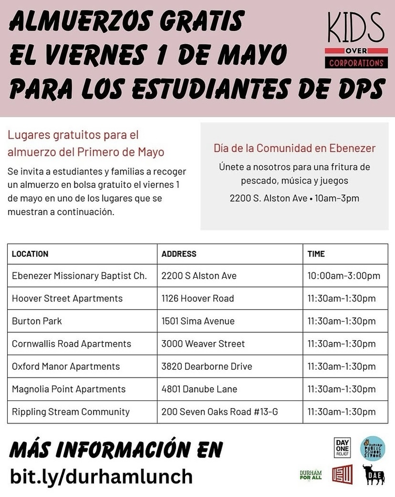 Free lunches for DPS students on Friday, 5/1. Locations listed with times, addresses. Sidebar promotes Community Day at Ebenezer. Keywords: free, lunch, students.