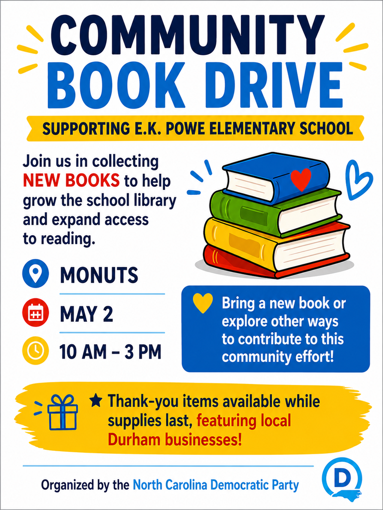 Community Book Drive for EK Powe. At Monuts, May 2nd, 10:00-3:00