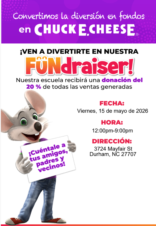 Recaudación de fondos para el PTO de Burton en Chuck E Cheese el viernes, 15 de mayo entre 12pm y 9pm. Dirección: 3724 Mayfair St, Durham NC