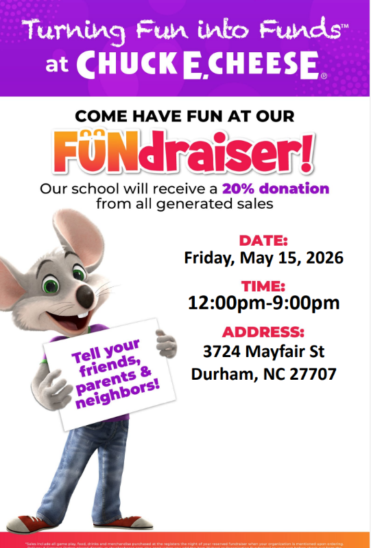 Burton PTO Fundairser at Chuck E Cheese on Friday, May 15th from 12pm to 9pm. Location: 3724 Mayfair St, Durham NC 27707