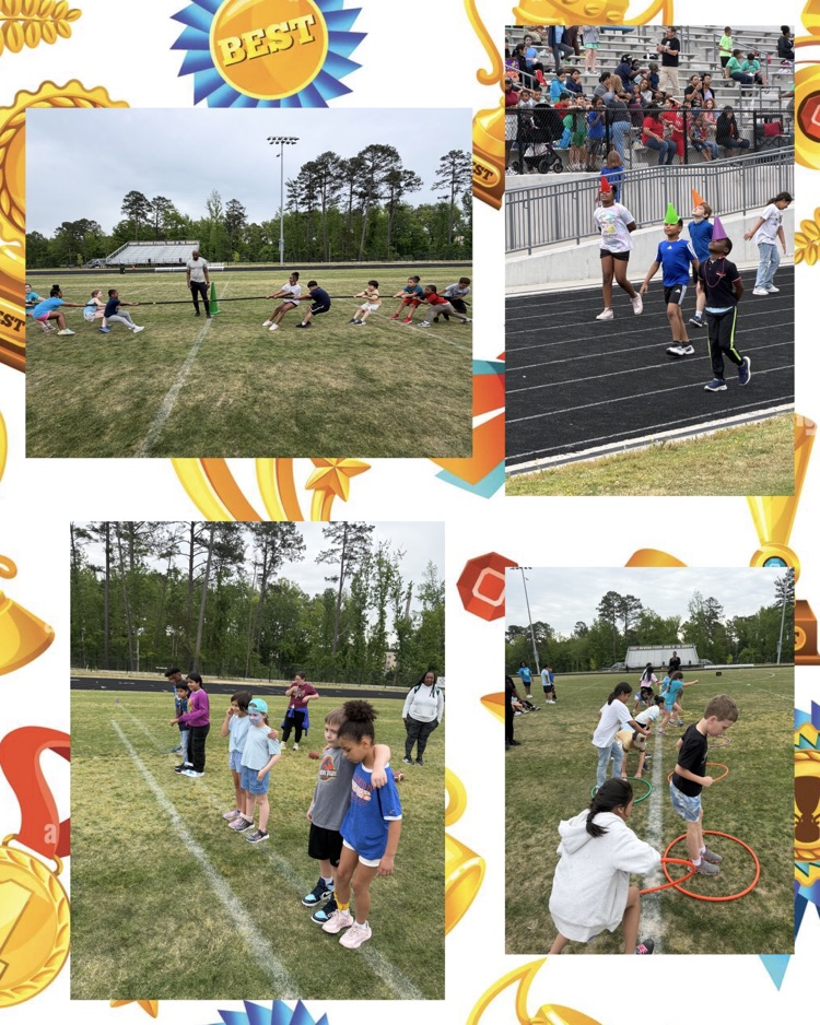 A picture collage of students participating in field day activities, such as tug of war, hula hoop relay, three legged race and birthday hat race