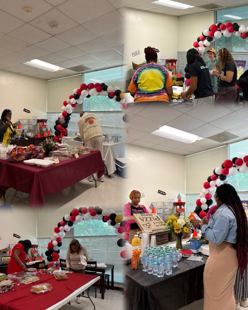 A photo collage of teachers grabbing food, snacks and sweet treats off a table.