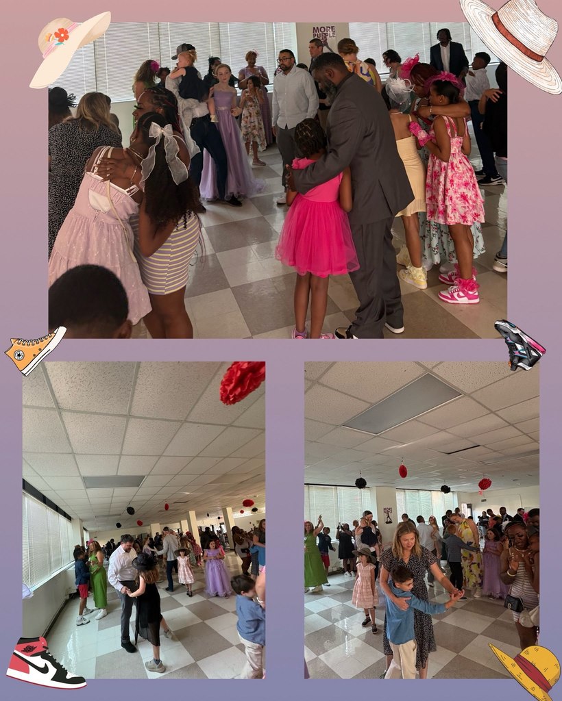 A collage of students and parents dancing on the dance floor dressed in kentucky derby style attire.