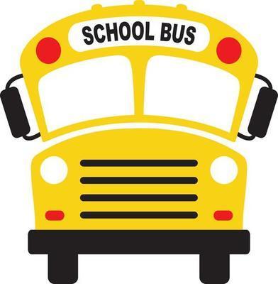 Yellow cartoon school bus front with "School Bus" on the top, red circular lights, and bold black grille and bumper, evoking a classic, cheerful tone.