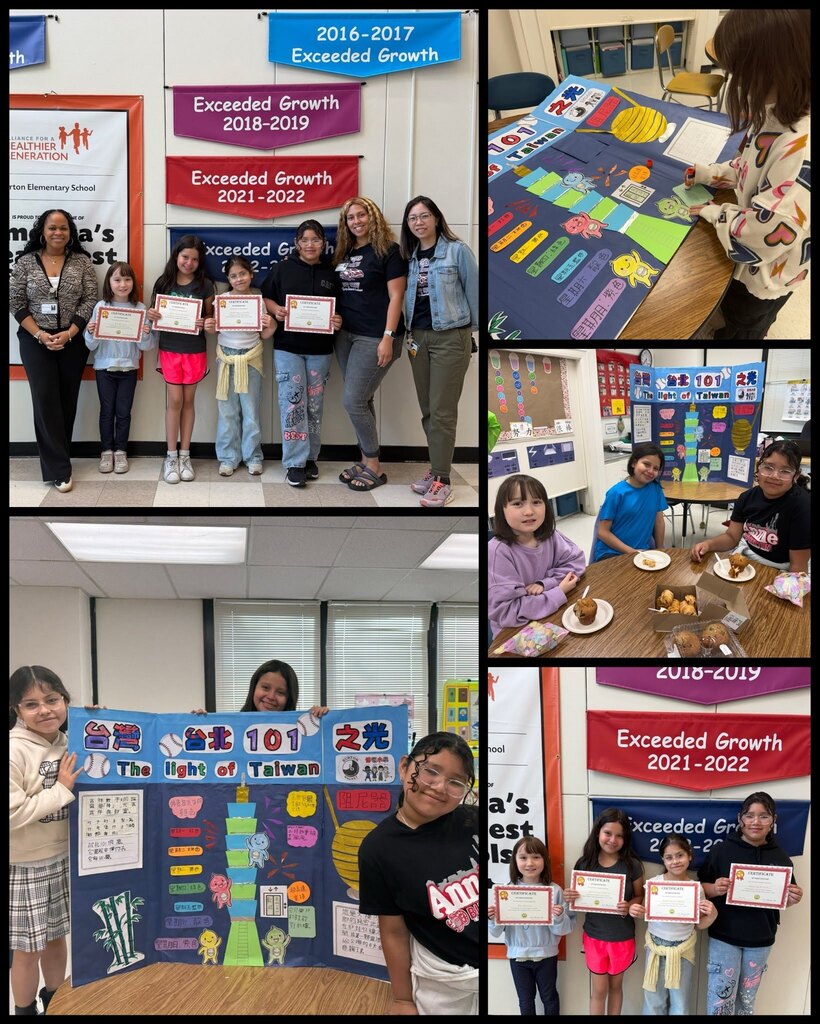 A photo collage. Four students standing holding certificates of recognition next to the principal, assitant principal and the Chinese language teacher. Students standing in front of and collaborating in creating a trifold poster. Students eating a muffin .