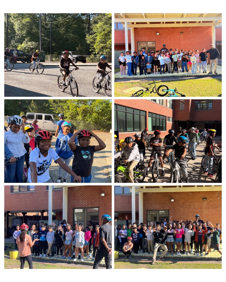 A picture collage of students learning bike safety and riding bikes. For two pictures, students are posing and smiling next to their instructors, and for one picture they are making silly faces while posing. 