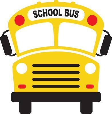 Yellow cartoon school bus with "School Bus" written on top, featuring large windows, headlights, and bold black tires on a white background.